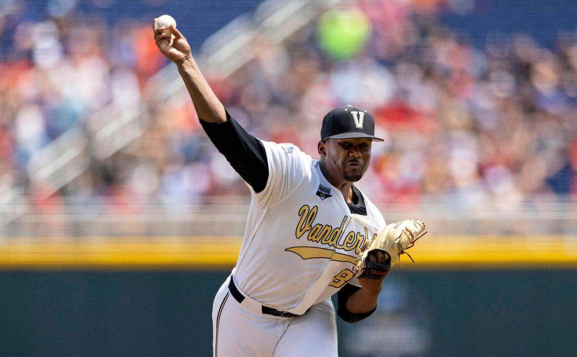 Vanderbilt starting pitcher Kumar Rocker (80) throws against North Carolina State in the first inning of a baseball game at the College World Series, Friday, June 25, 2021, at TD Ameritrade Park in Omaha.