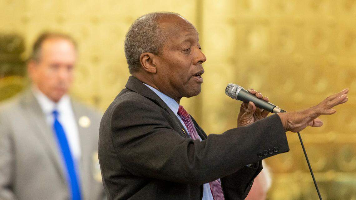 Rep. Abe Jones speaks against sports betting legislation during debate on SB 38 on Wednesday, June 22, 2022 in Raleigh, N.C. The legislation passed 51-50 on the second reading.