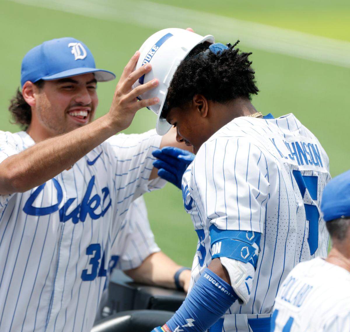 Duke’s Kyle Johnson (5) gets a hard hat after hitting a home run during Duke’s game against Murray St. in the first game of Durham Super Regional at Jack Coombs Field in Durham, N.C., Sat. June 7, 2025.
