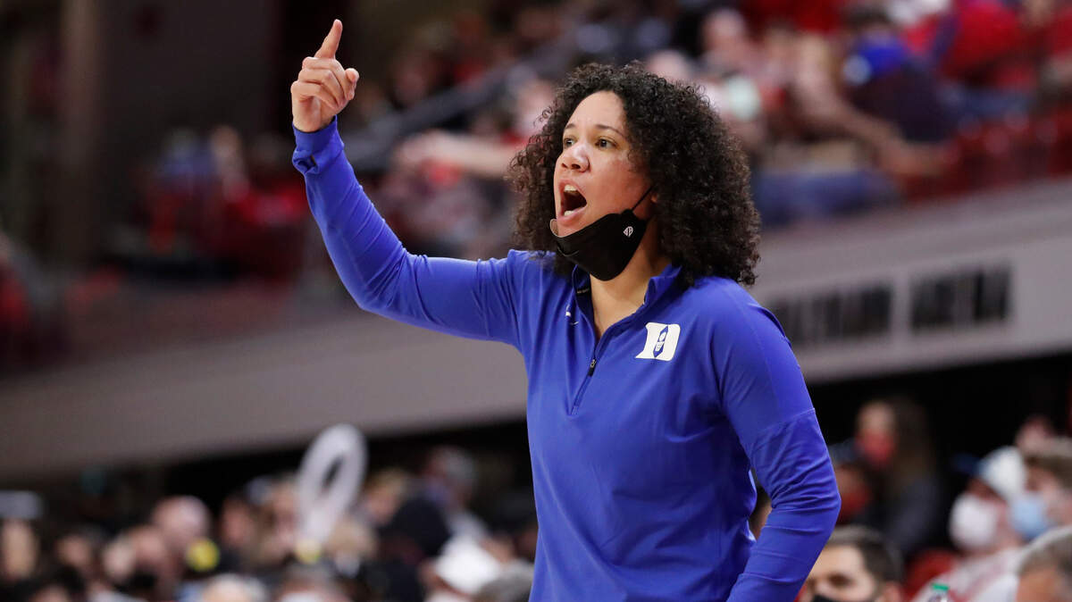 Duke head coach Kara Lawson yells to her players during the first half of N.C. State’s game against Duke at Reynolds Coliseum in Raleigh, N.C., Sunday, January 16, 2022.