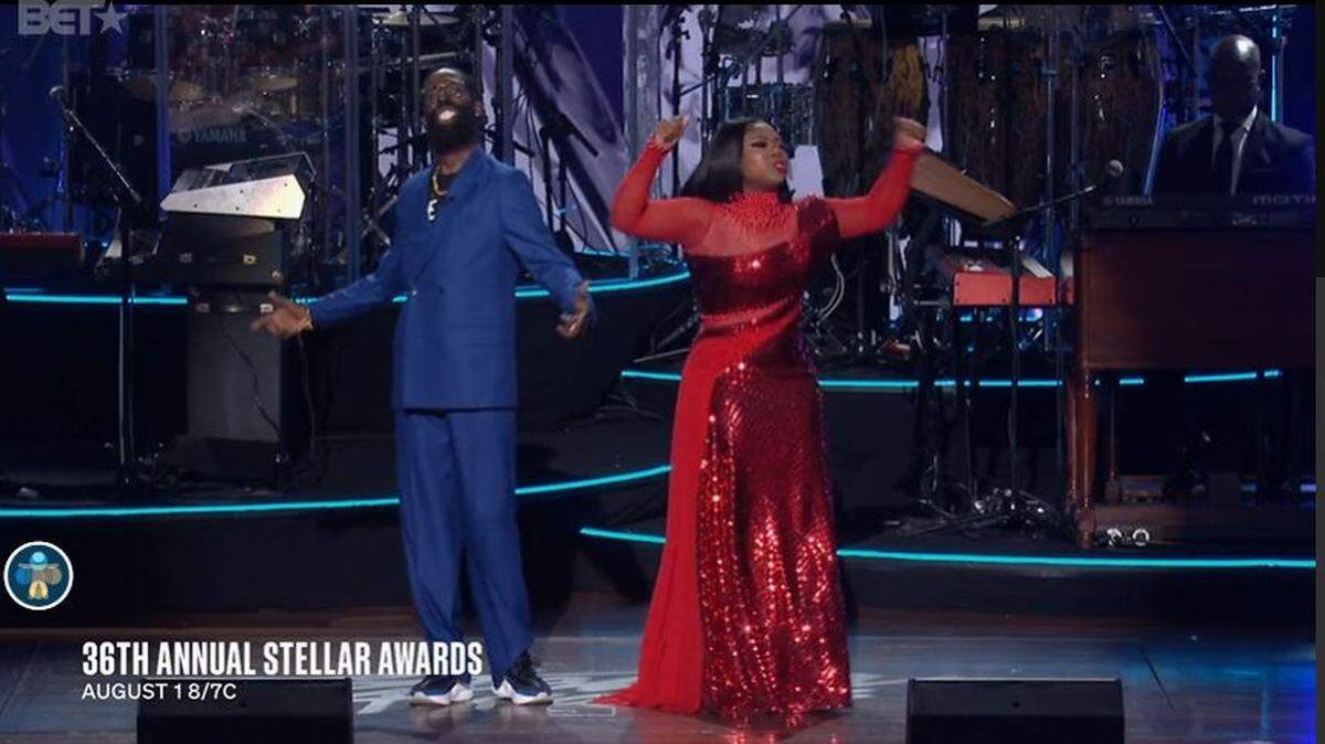 Tye Tribbett, left, and Jekalyn Carr host he 36th annual Stellar Gospel Music Awards how, filmed live on July 10 in Nashville and airing Aug. 1 on BET.