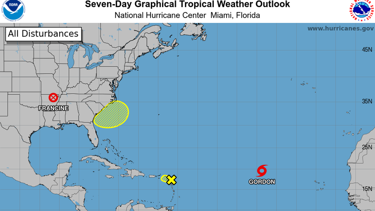 Tropical Storm Gordon formed in the central Atlantic Friday. The storm may weaken as it moves west and then slowly regain some strength next week. Meanwhile, a low-pressure system off the coast will bring some rain to North Carolina, forecasters say.