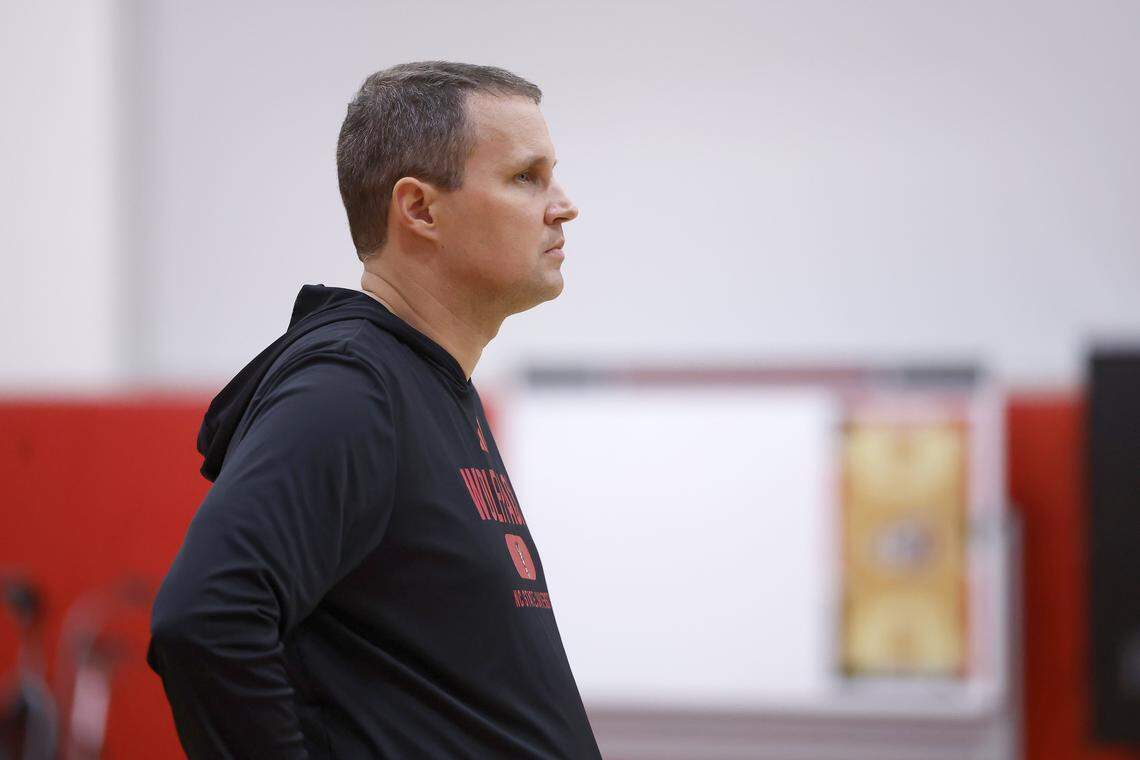 N.C. State head coach Will Wade watches during his team’s first official practice on Monday, Sept. 22, 2025, in Raleigh, N.C. at Dail Basketball Center. 