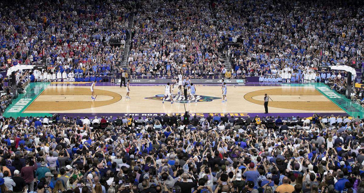 Duke and North Carolina tipoff at the start of their game in the Final Four at Caesars Superdome in New Orleans, La., Saturday, April 2, 2022.