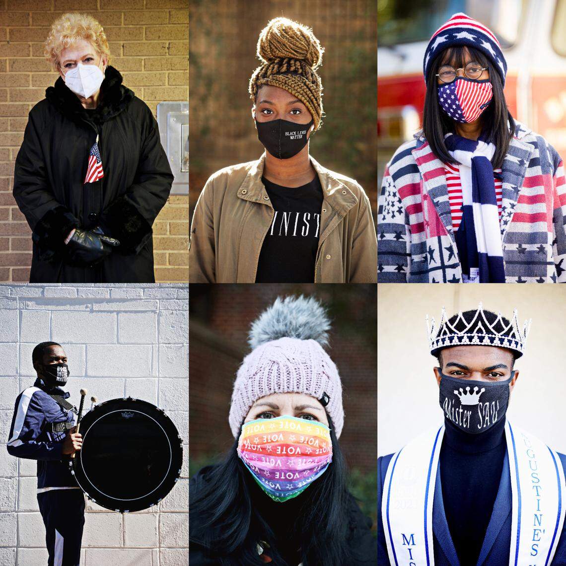 Election Day Faces photographed in the Triangle: From left, top row: Margaret Steed, Raleigh; Jayla Marion, Raleigh, Debbie Rogers, Bahama; from left bottom row: Antonio Green, Jr., Raleigh; Eileen Gates, Raleigh; Alex Johnson, Raleigh.