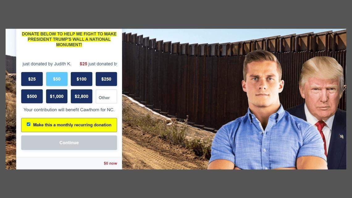 This website raising money for U.S. Rep. Madison Cawthorn has a box checked for recurring contributions. Consumer advocates say this is a bad practice that could lead to donors unknowingly making additional donations.