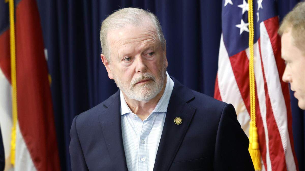 N.C. Senate leader Phil Berger talks with Rep. Destin Hall during a press conference at the N.C. Republican Party headquarters in Raleigh, N.C., Wednesday, Nov. 6, 2024.