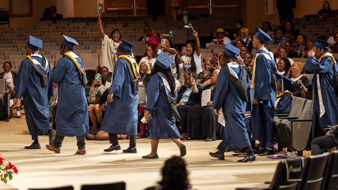 St. Augustine’s University graduates take part in a commencement ceremony at Wake Chapel Church in Raleigh on Friday, Dec. 13, 2024.