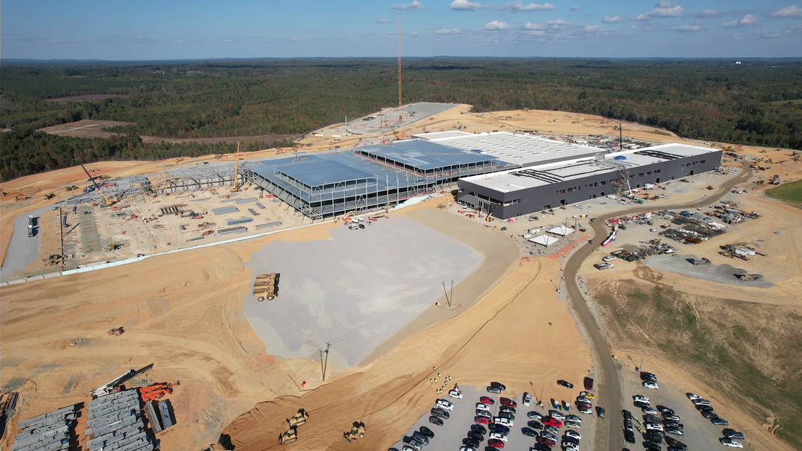 An aerial view of Wolfspeed’s future Chatham County facility near Siler City, NC in 2023.