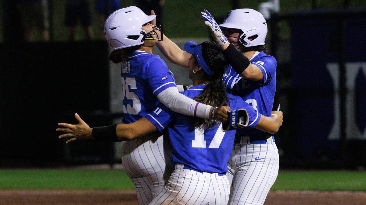 Duke’s Jada Baker, Aminah Vega and Francesca Frelick celebrate after Baker’s sacrifice bunt allowed Frelick to score a walk-off run to cement the Blue Devils’ 1-0 victory over Virginia in 12 innings on Friday, April 19, 2024, in Durham, N.C.