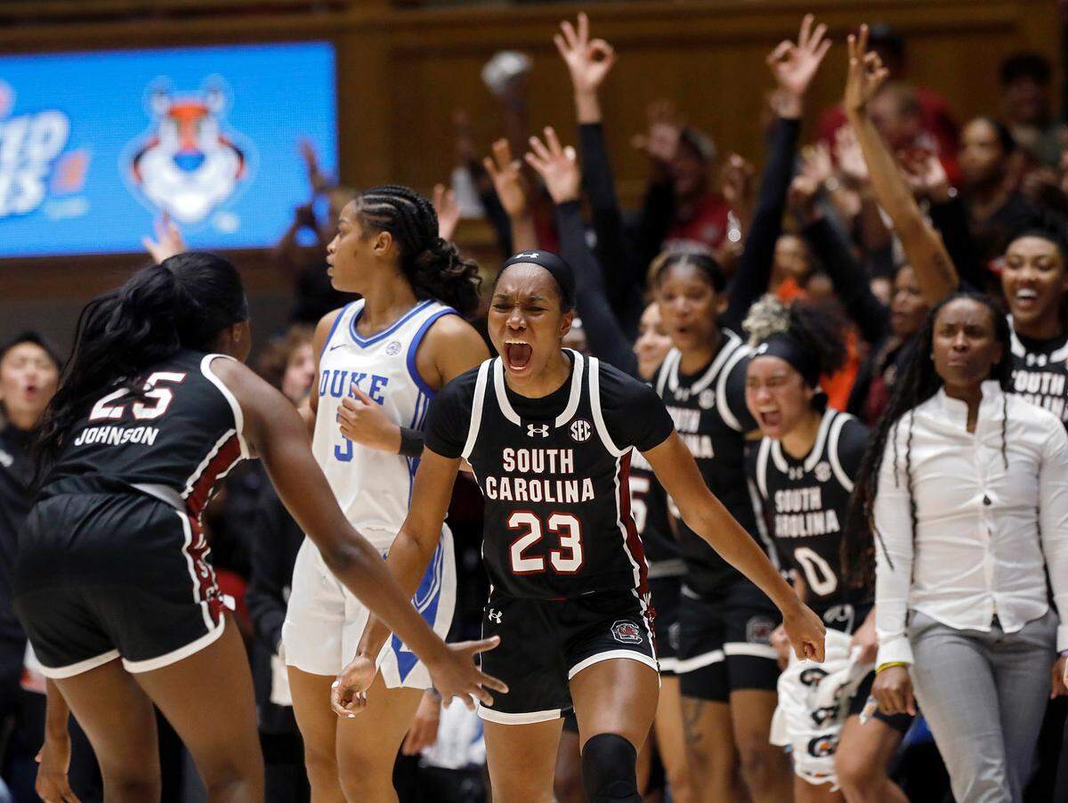 South Carolina’s Bree Hall (23) celebrates late in the second half of the Gamecocks’ 77-61 win over Duke on Sunday, Dec. 3, 2023, at Cameron Indoor Stadium in Durham, N.C.