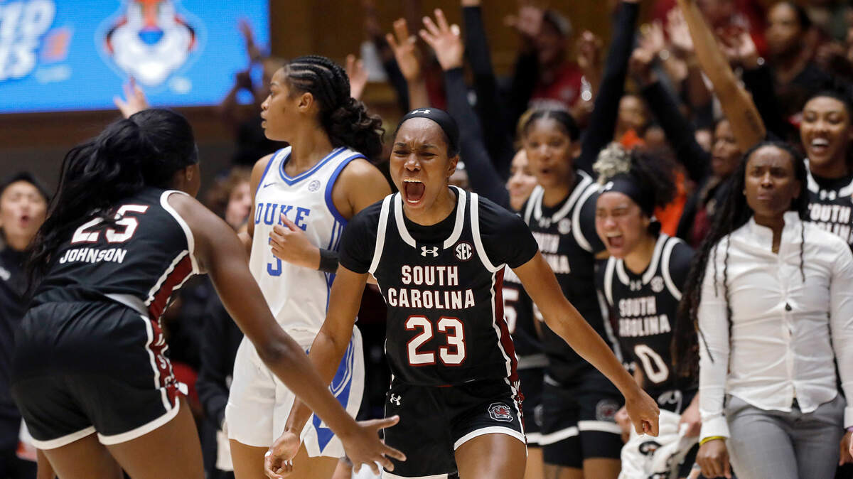 South Carolina’s Bree Hall (23) celebrates late in the second half of the Gamecocks’ 77-61 win over Duke on Sunday, Dec. 3, 2023, at Cameron Indoor Stadium in Durham, N.C.