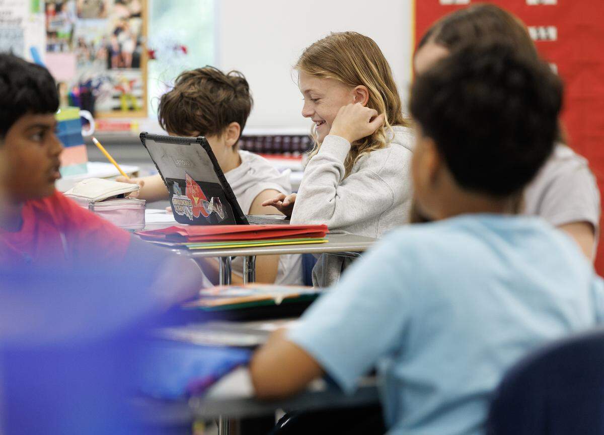 Fifth-grade students work during a class at Apex Friendship Elementary School on Tuesday, May 5, 2026, in Apex, N.C.