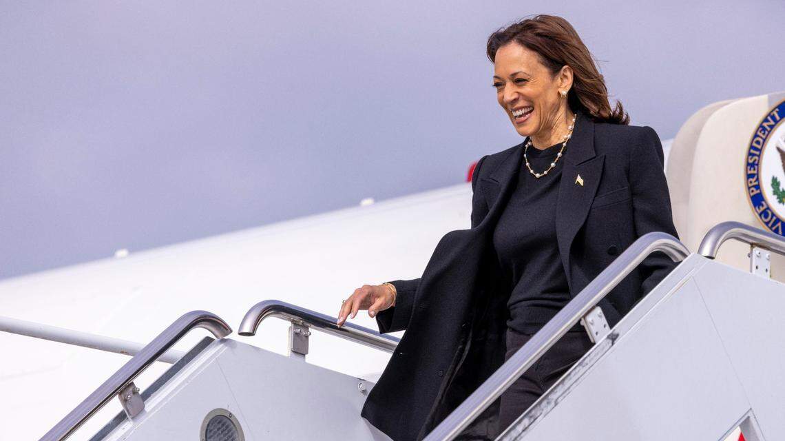 Vice President Kamala Harris arrives on Air Force 2 at Raleigh-Durham International Airport prior to a campaign rally at Coastal Credit Union Music Park at Walnut Creek in Raleigh on Wednesday, October 30, 2024.