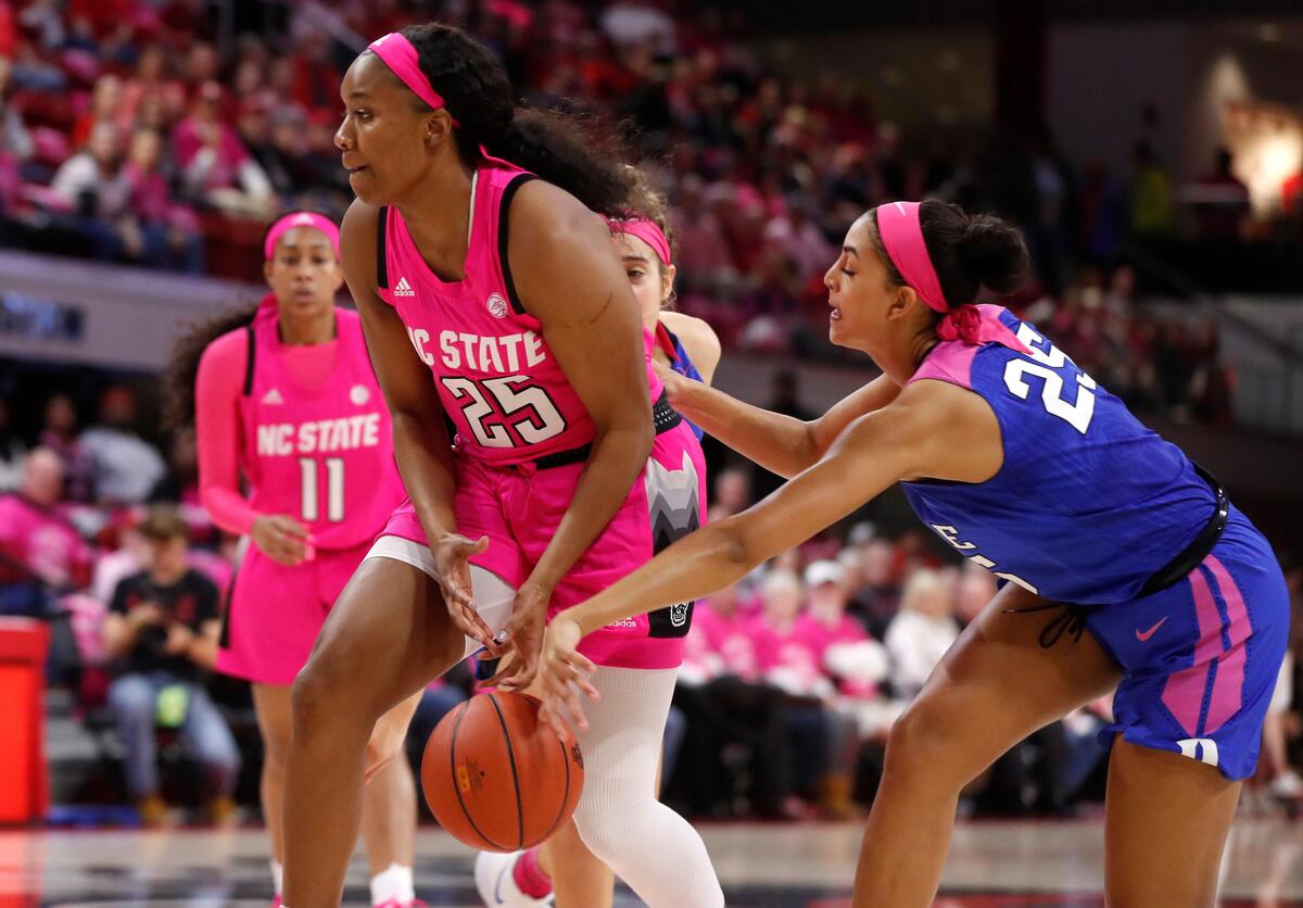 Duke’s Jade Williams (25) strips the ball from N.C. State’s Kayla Jones (25) during N.C. State’s game against Duke in the Play4Kay game at Reynolds Coliseum in Raleigh, N.C., Monday, Feb. 24, 2020.