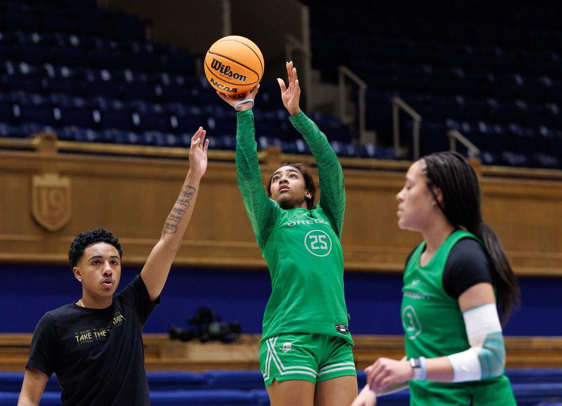 Oregon’s Deja Kelly puts up a shot during practice at Cameron Indoor Stadium on Thursday, March 20, 2025, in Durham, N.C. Kelly transferred to Oregon this season after playing four seasons at North Carolina. The Ducks will face Vanderbilt in the first round of the NCAA Tournament on Friday.