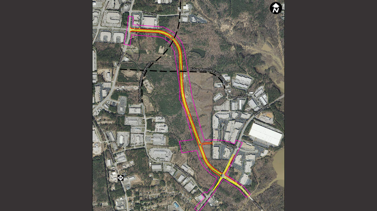 Work will begin soon on a new 1.6-mile stretch of McCrimmon Parkway between Airport Boulevard, left, and Aviation Parkway, where it will connect with Evans Road.