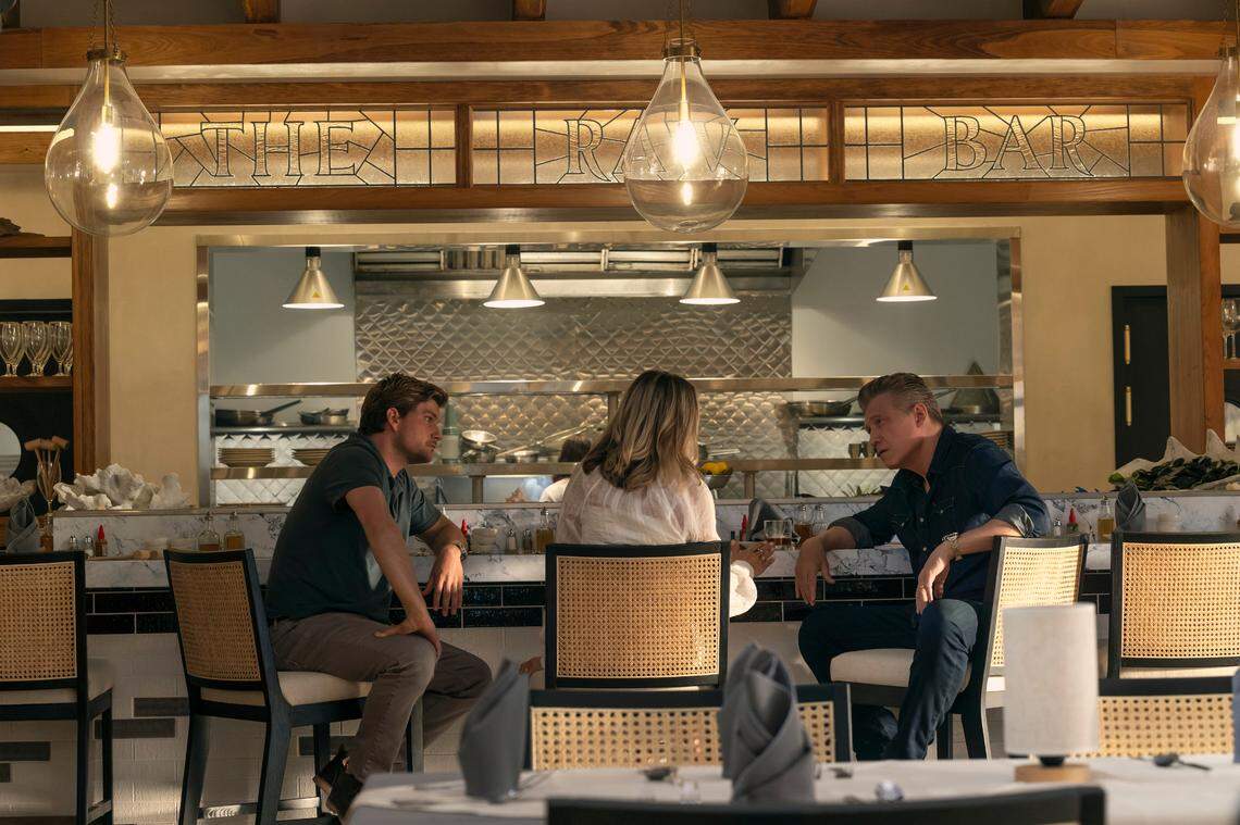 Jake Weary as Cane Buckley, Maria Bello as Belle Buckley and Holt McCallany as Harlan Buckley in “The Waterfront.”