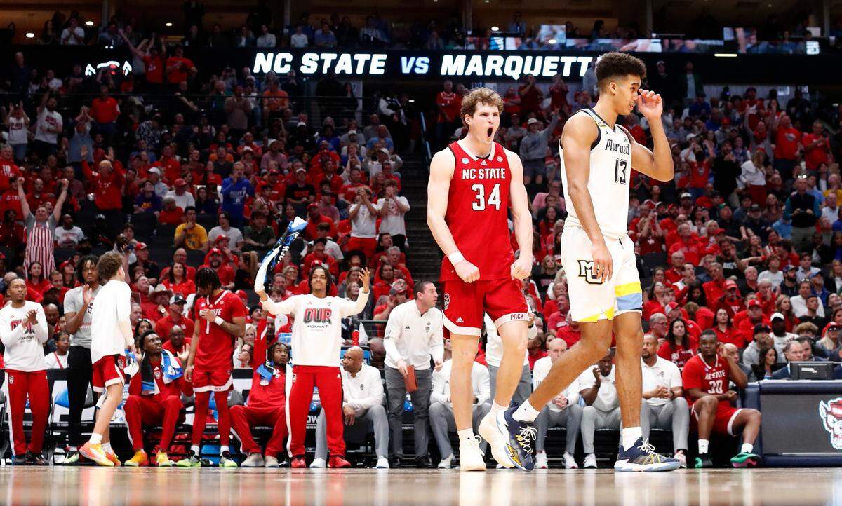 N.C. State’s Ben Middlebrooks (34) celebrates in the second half during N.C. State’s 67-58 victory over Marquette in their NCAA Tournament Sweet 16 game at the American Airlines Center in Dallas, Texas, Friday, March 29, 2024.