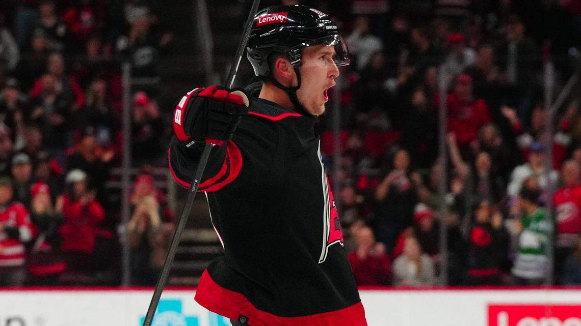 Carolina Hurricanes center Martin Necas (88) scores a goal against the Colorado Avalanche during the first period at PNC Arena.