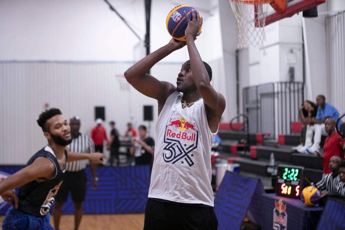 Lorenzo Baxter plays 3-on-3 during an exhibition game on Friday, July 9, 2021 in Raleigh, N.C., as part of the Red Bull 3X Tournament this weekend at the J.D. Lewis Center on Garner Road.