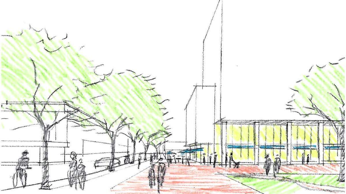 An architect’s rendering shows the Chapel Hill Life Sciences Building (at right) from the view of a pedestrian walking west on West Franklin Street. The building would have ground-floor retail and a public plaza on the Franklin Street frontage.