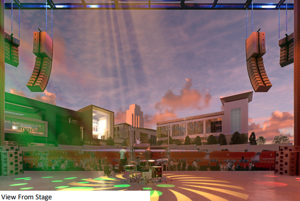 New designs for the Red Hat Amphitheater relocation shows the musical act’s view on the stage of downtown Raleigh.
