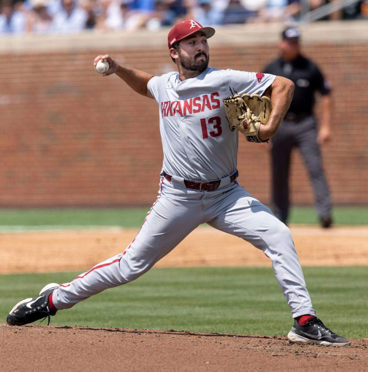 Arkansas pitcher Connor Noland (13) works from the mound in the third inning against North Carolina during the first game of their Super Regional series on Saturday, June 11, 2022 at Boshamer Stadium in Chapel Hill, N.C. Noland struck out six and was credited with the 4-1 victory over North Carolina.