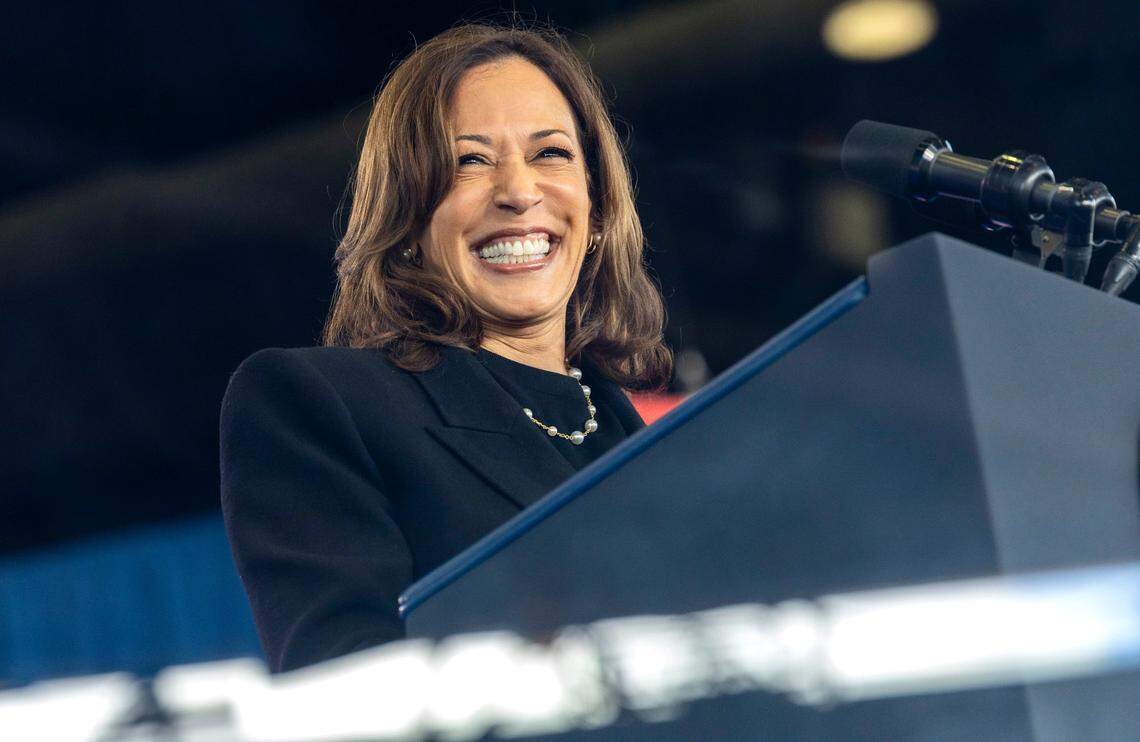 Vice President Kamala Harris speaks during a rally at Coastal Credit Union Music Park at Walnut Creek in Raleigh on Wednesday, October 30, 2024.