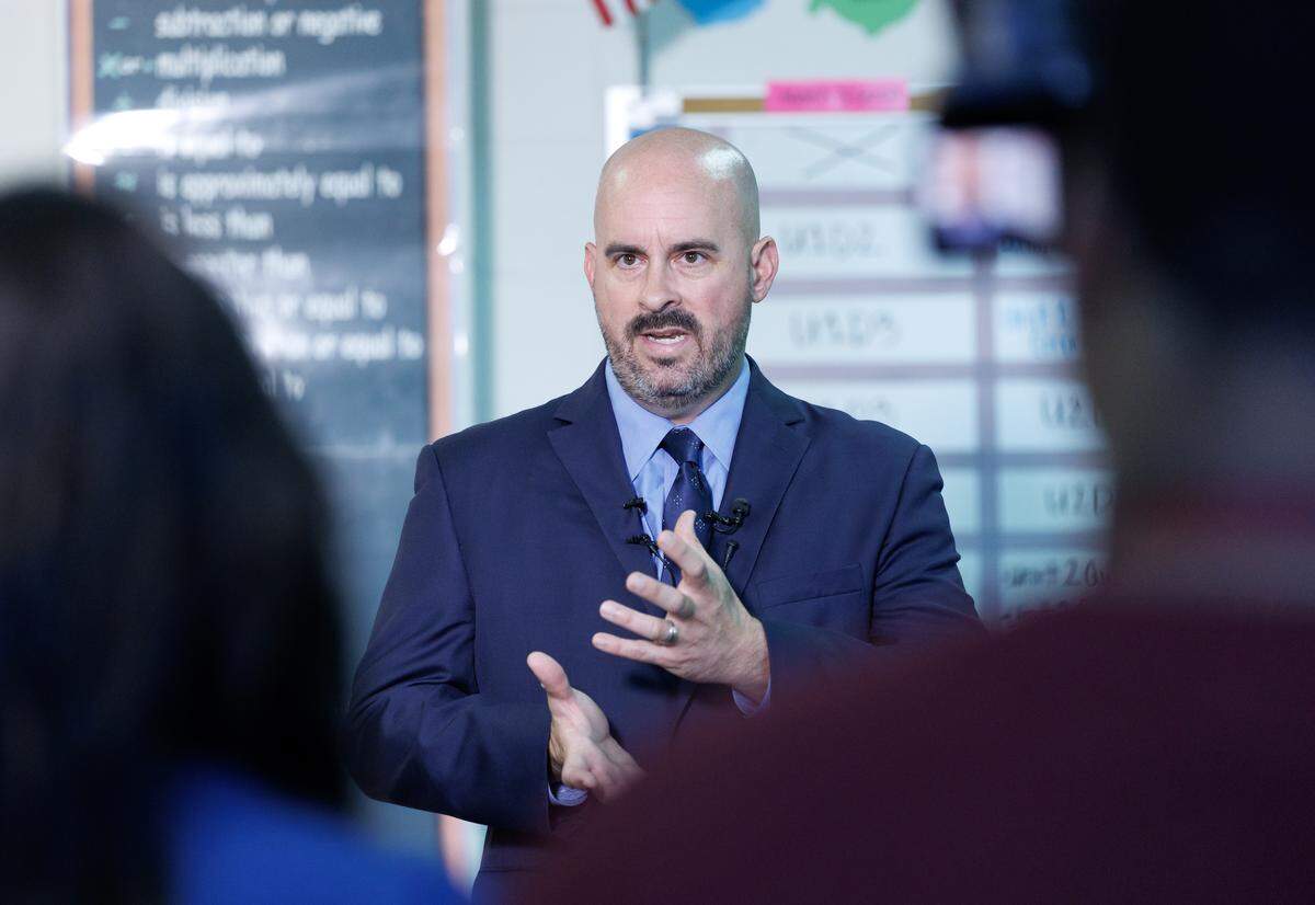 Millbrook High School Principal Brian Saunders talks about the school’s gains in test scores during a press conference on Tuesday, Sept. 2, 2025, in Raleigh, N.C.