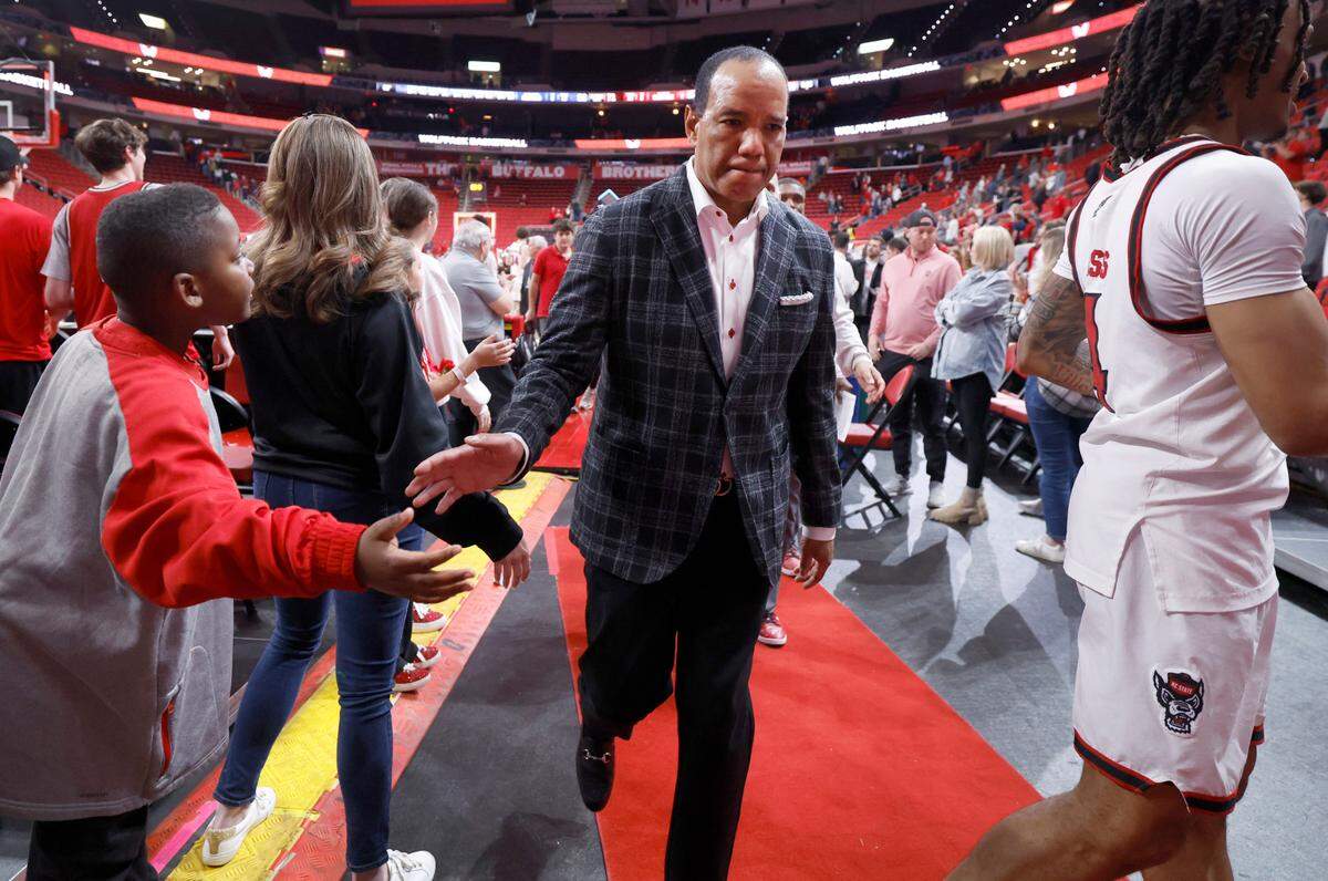 N.C. State head coach Kevin Keatts walks off the court after the Wolfpack’s 71-63 victory over Pitt at the Lenovo Center in Raleigh, N.C., Wednesday, March 5, 2025.