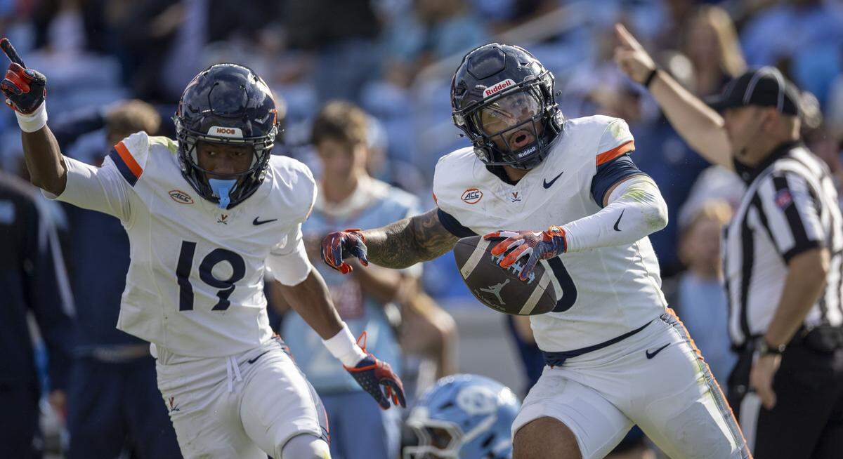 Virginia safety Antonio Clary (0) reacts after intercepting the ball forcing overtime on the Tar Heels’ final play of the fourth quarter on Saturday, October 25, 2025 at Kenan Stadium in Chapel Hill, N.C.    