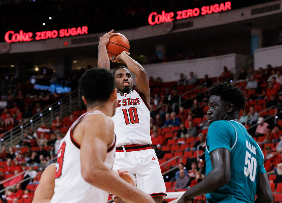 N.C. State’s Marcus Hill puts up a shot during the first half of the Wolfpack’s 82-70 win over Coastal Carolina on Wednesday, Nov. 13, 2024, at Lenovo Center in Raleigh, N.C.