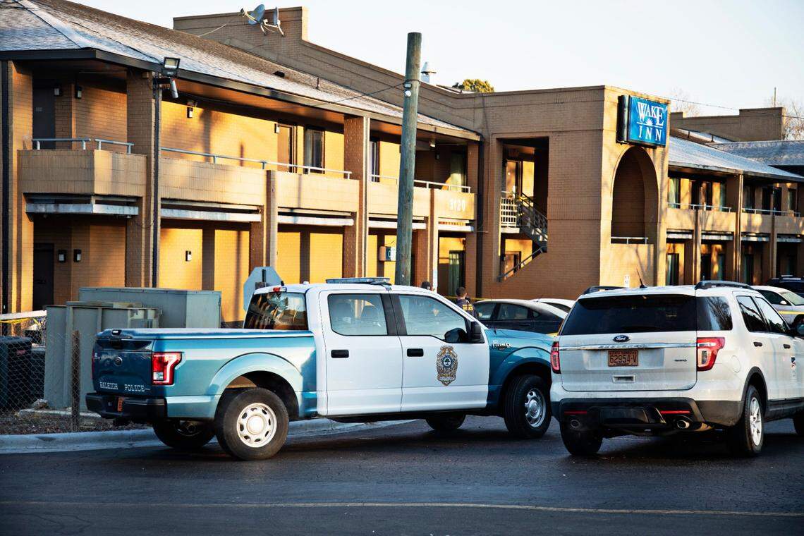 Four people were injured during a Monday night shooting at the Wake Inn on New Bern Ave. in Raleigh. Police were on the scene early Tuesday morning, Feb. 1, 2022.