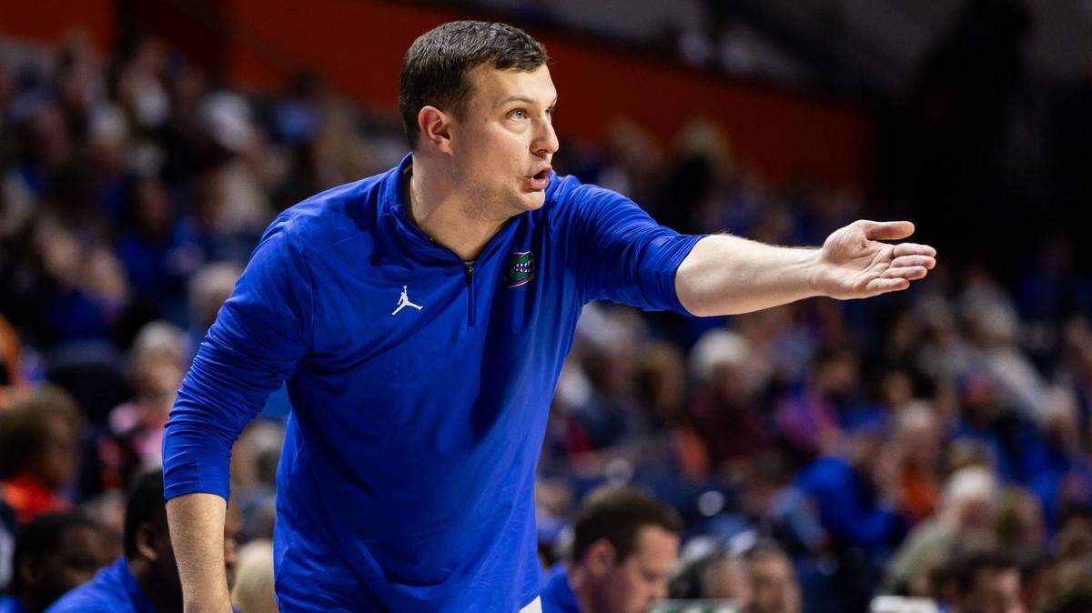 Florida Gators assistant coach John Andrzejek gestures during the first half against the Quinnipiac Bobcats at Exactech Arena at the Stephen C. O’Connell Center.
