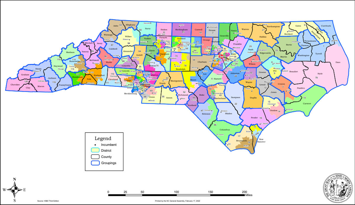 NC House map as passed 115-5 by NC House on Feb. 16, 2022.