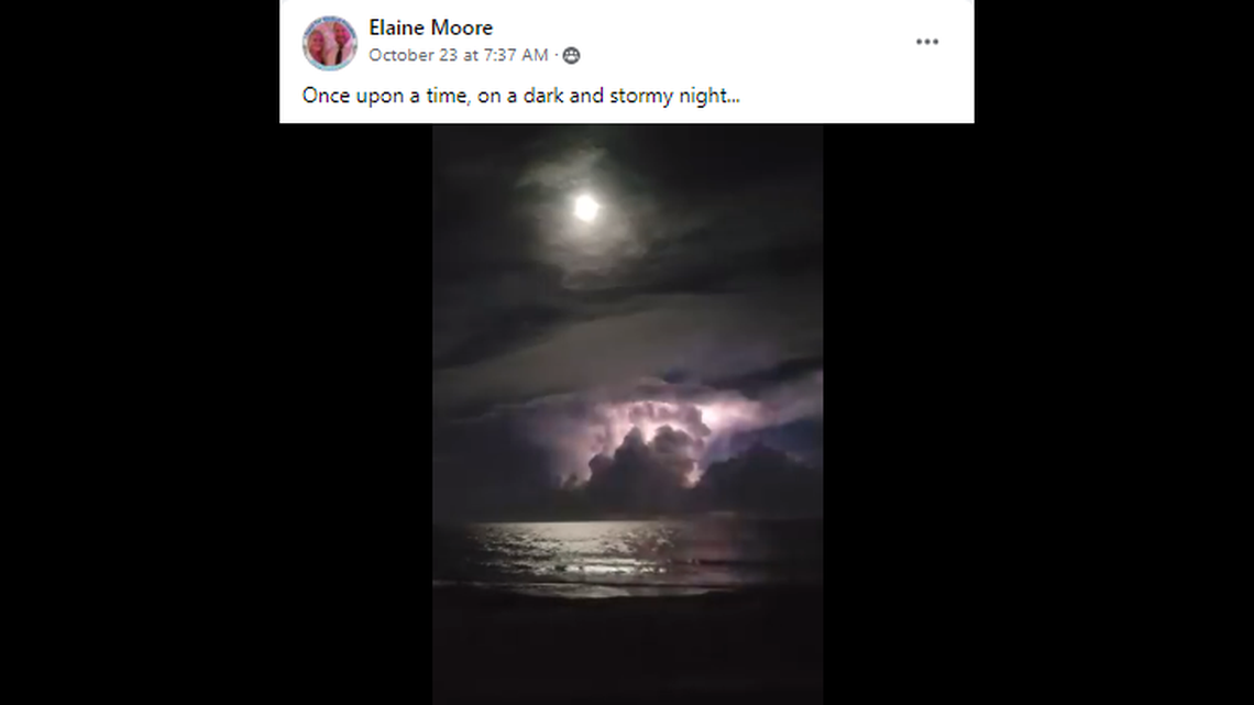 Elaine Moore posted video on Facebook of the lightning off Hatteras Island paired with a full moon.