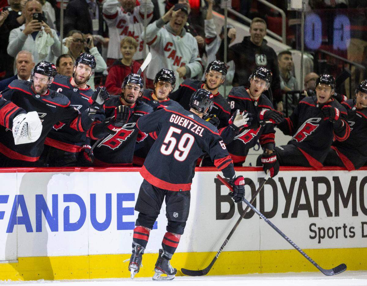Carolina Hurricanes left wing Jake Guentzel (59) skates to the bench after scoring on New York Rangers goaltender Igor Shesterkin (31) in the first period of Game 3 in the second round of the 2024 Stanley Cup playoffs on Thursday, May 9, 2024 at PNC Arena, in Raleigh N.C.