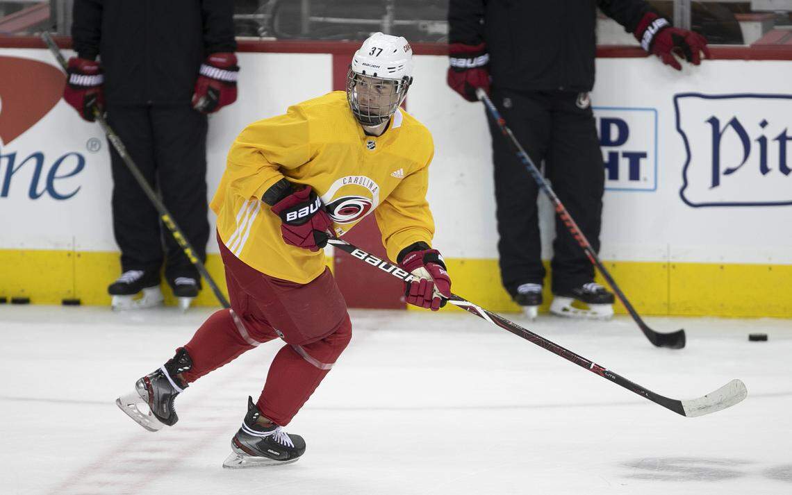 Carolina Hurricanes’ Andrei Svechnikov (37) who was sidelined this week with a concussion following a fight with Alex Ovechkin, skates with his teammates on Saturday, April 20, 2018 at the Capital One Arena in Washington, D.C. Svechnikov said he hopes to play in game six of the series against the Capitals.