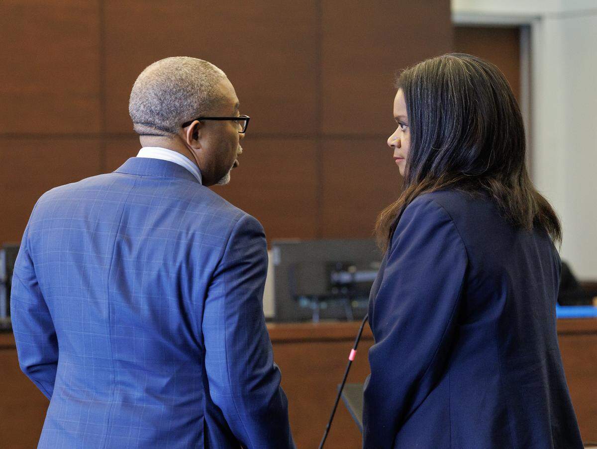 Tanya Giovanni, right, makes a first appearance at the Durham County Courthouse on Thursday, Feb. 5, 2026. Giovanni was charged with obstruction of justice and fired from her position as a Durham Public Schools deputy superintendent.
