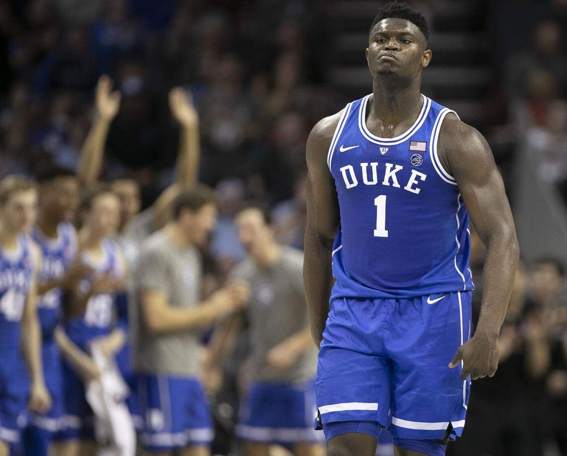 Duke’s Zion Williamson (1) reacts after a dunk in the first half against North Carolina on Friday, March 15, 2019 during the semi-finals of the ACC Tournament at the Spectrum Center in Charlotte, N.C.