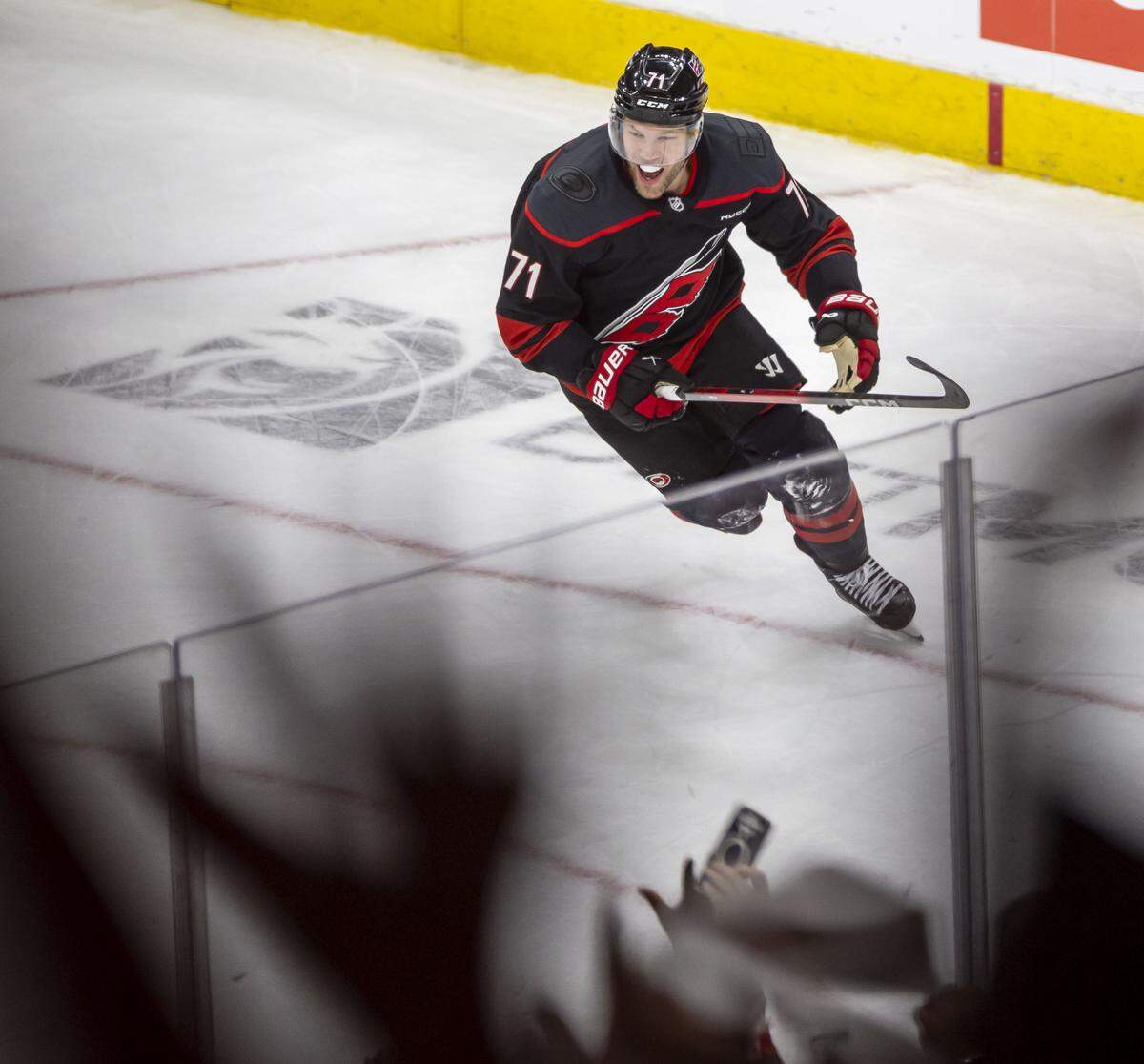 Carolina Hurricanes left wing Taylor Hall (71) reacts after scoring the game winning goal to secure a 3-2 overtime victory over Philadelphia, in Game 2 on Monday, May 4, 2026, during the second round of the Stanley Cup Playoffs at Lenovo Center in Raleigh, N.C.
