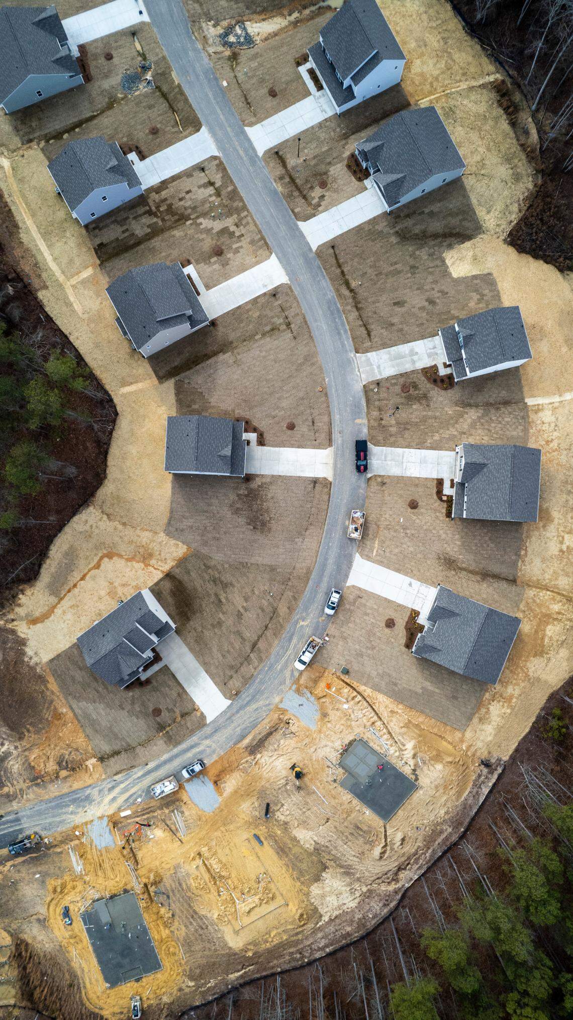 Aerial views of Atherstone, a nearly 400-lot subdivision off N.C. 210 between Angier and Lillington where new homes start at $300,000.