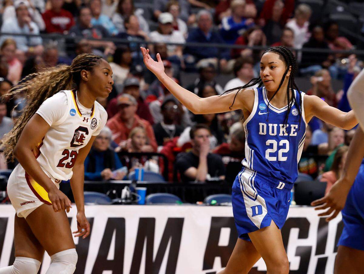Duke’s Taina Mair reacts after knocking down a basket during the second half of the Blue Devils’ 54-50 loss to South Carolina in the NCAA Tournament Elite Eight at Legacy Arena on Sunday, March 30, 2025, in Birmingham, Ala.