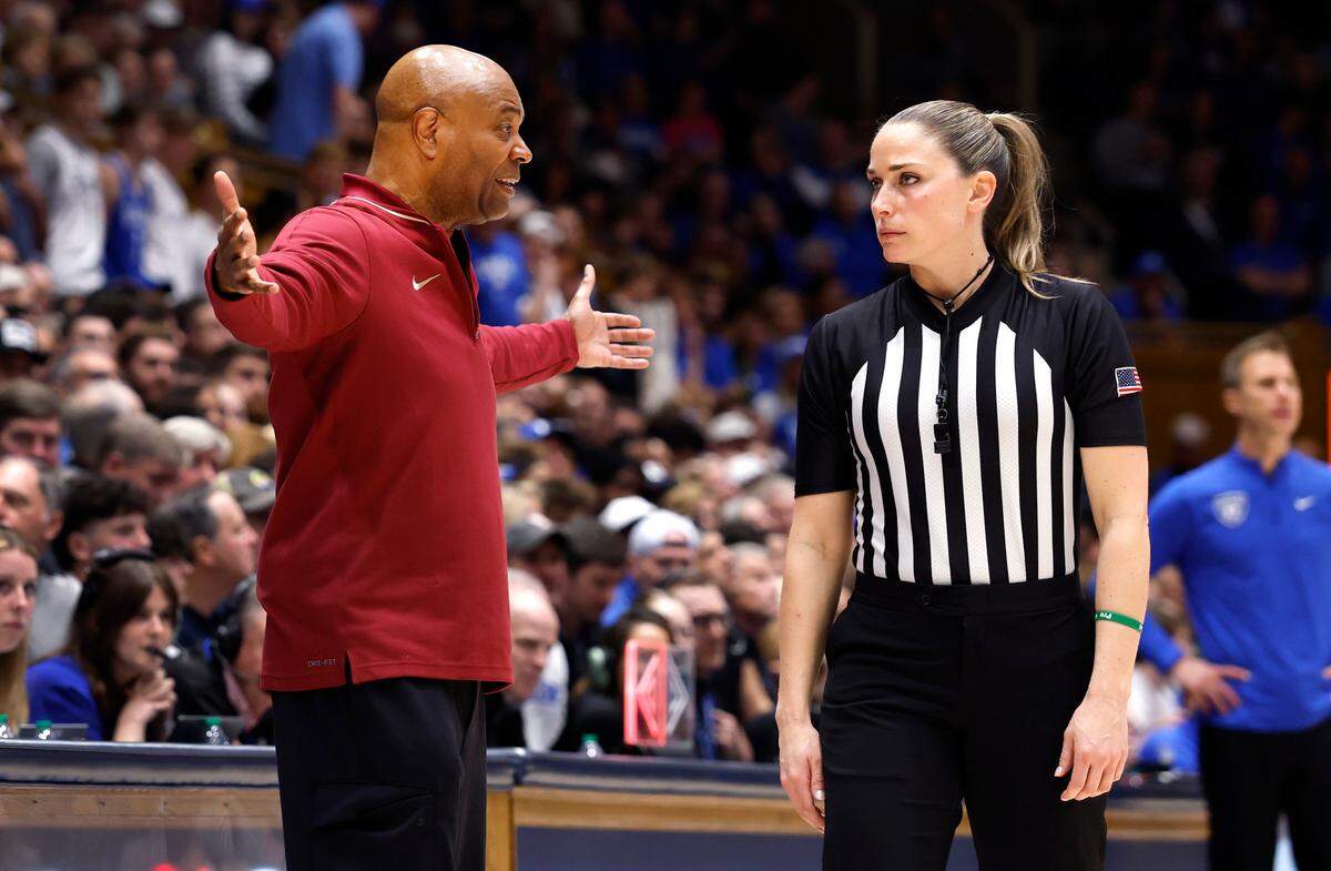 Florida State head coach Leonard Hamilton argues a call with official Clare Aubry during the first half of Duke’s game against Florida State at Cameron Indoor Stadium in Durham, N.C., Saturday, March 1, 2025.