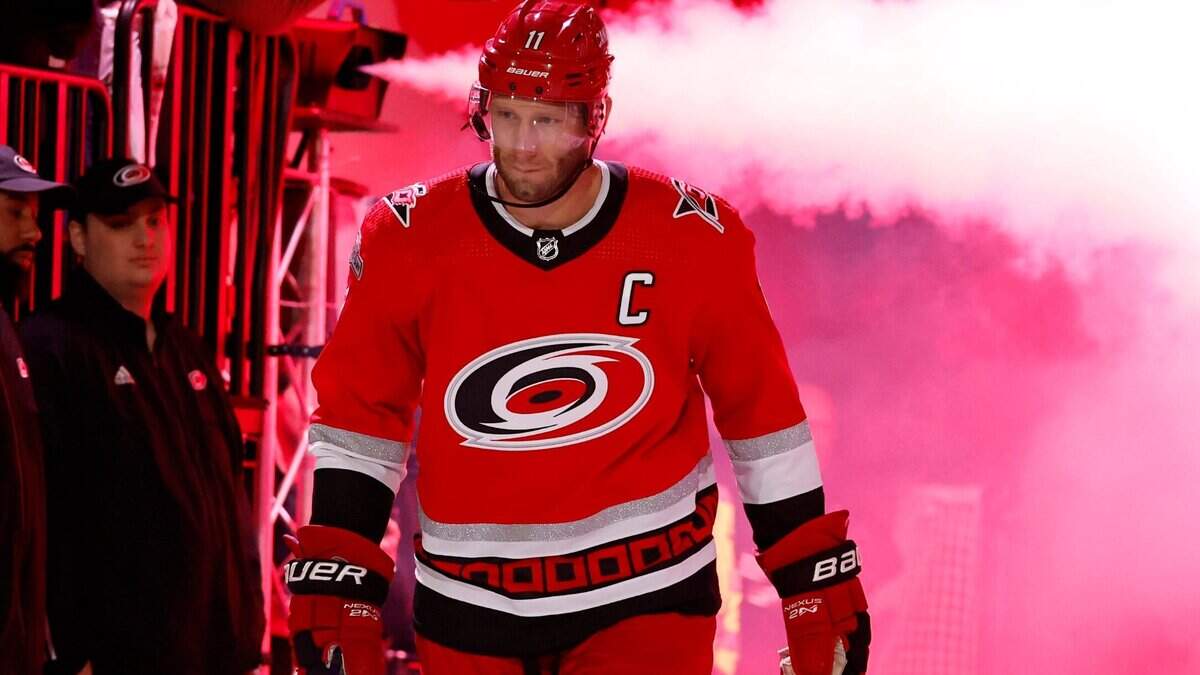 Carolina center Jordan Staal (11) heads onto the ice before the Carolina Hurricanes game against the Columbus Blue Jackets at PNC Arena in Raleigh, N.C., Wednesday, Oct. 12, 2022.