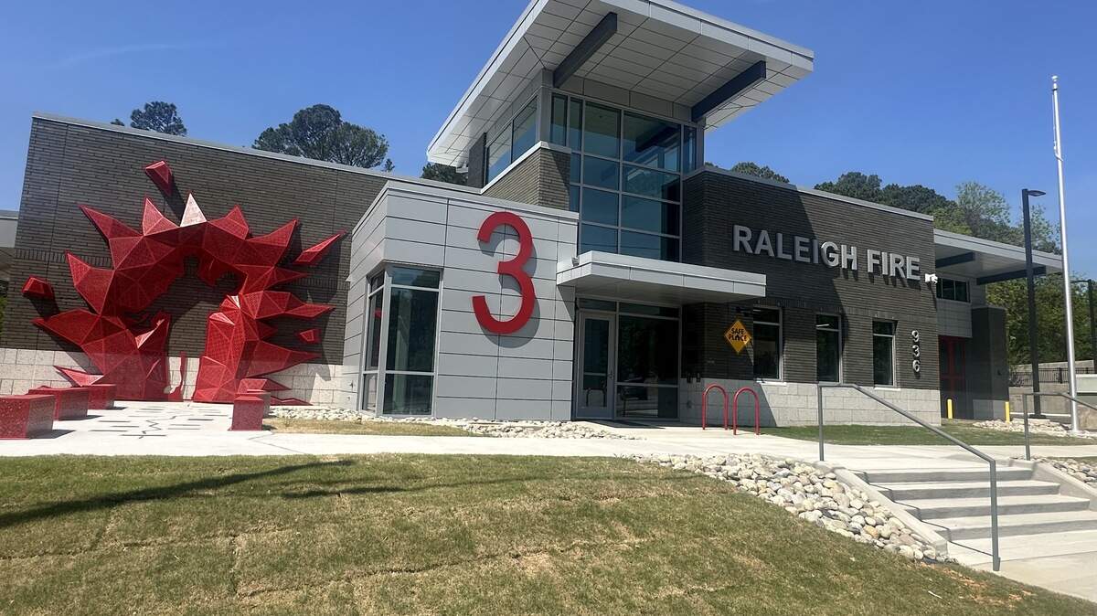 Raleigh Fire Station 3 opened on Rock Quarry Road on April 27, 2026. The Victor art installation is at left.
