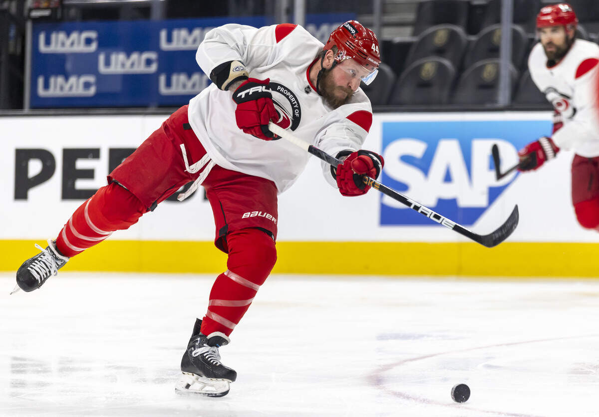 Carolina Hurricanes left wing Nicolas Deslauriers (44) takes a shot on goal during practice on Monday, June 8, 2026 at T-Mobile Arena in Las Vegas, NV.