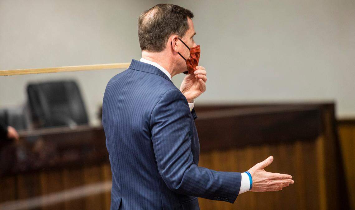 Attorney Jim OÕNeil argues that public records requested by The News & Observer should remain sealed during a hearing at the Forsyth County Courthouse in Winston-Salem Monday, Feb. 8, 2021. The records could shed light on the actions of deputies in Winston-Salem that led to the death of John Neville while in jail.