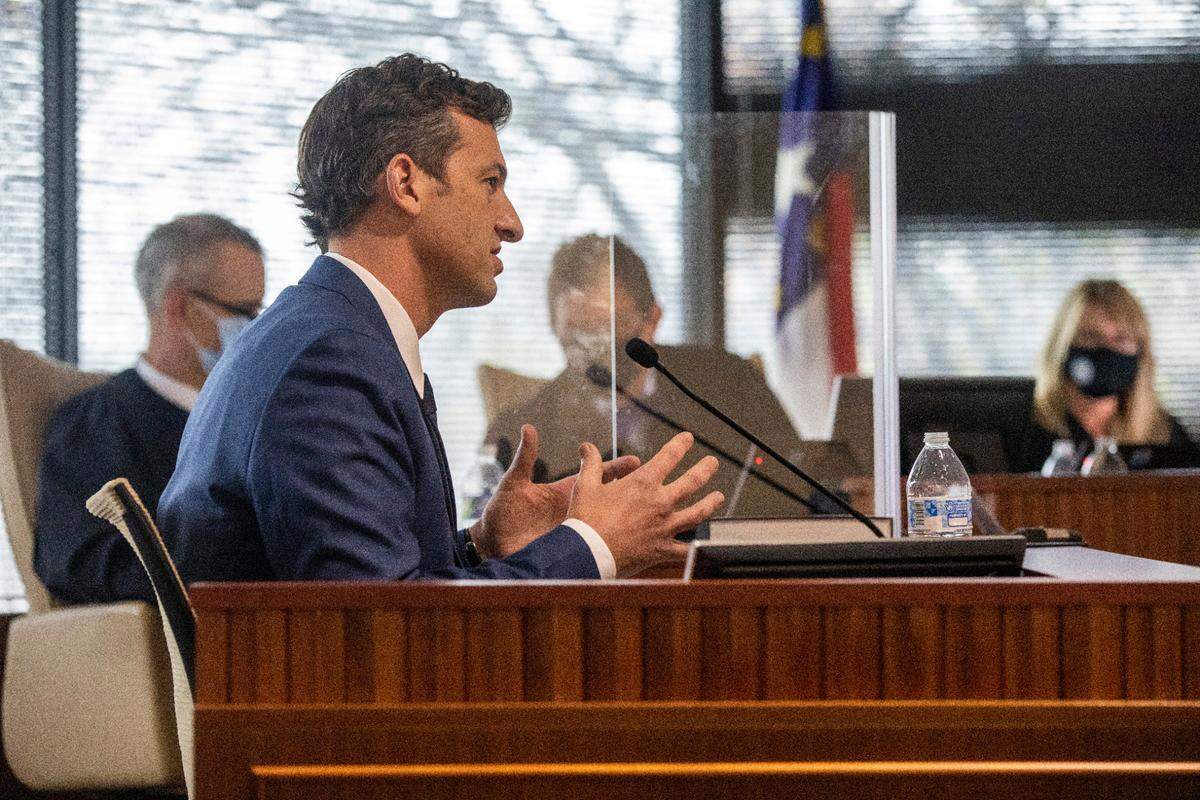 Chris Cooper, a Western Carolina University political science professor, testifies during a partisan gerrymandering trial over North Carolina’s new political maps Monday, Jan. 3, 2022 at a courtroom at Campbell University School of Law in Raleigh in Raleigh, NC.